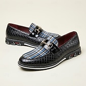 baratos Mocassins casuais-Mocassins masculinos pretos xadrez trançados, com detalhe metálico, estilo slip-on, ideais para ocasiões formais como casamentos, escritório, banquetes, festas e eventos corporativos.
