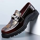 abordables Mocasines-Mocasines de hombre color burdeos con estampado, sin cordones, con detalle metálico y suela gruesa. Zapatos de vestir formales de lujo para bodas, banquetes, fiestas, graduaciones, eventos de moda y ocasiones especiales.
