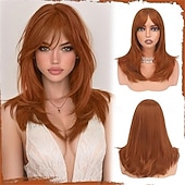 baratos Perucas Sintéticas sem Touca-Peruca longa, lisa e em camadas, rosa, com franja, 40 cm (16 polegadas), com raízes escuras, aparência natural, cabelo sintético macio e resistente ao calor, comprimento médio, ideal para uso diário e