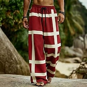 cheap Men's Printed Casual Pants-Men's Geometric Color-blocking Trousers Casual Pants Baggy Pants Mid Waist Boho Home Outdoor Vacation Elastic Drawstring Waist Linen-Like Pants with Pockets Summer Spring 3D Print Black Red Green