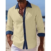 billiga Semester-Men's Shirt Linen Shirt Summer Shirt Beach Wear Beach Shirt Button Up Shirt Color Block Vacation Holiday Blue Black White Pink Long Sleeve Turndown Summer Spring Clothing Apparel Patchwork