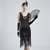 tanie stroje-Zabytkowe Ryczące 20s 1920 roku Do kolan Sukienka w stylu lat 20-tych Rękawiczki Nakrycie głowy Bez rękawów Wielki Gatsby Czarleston Cekiny Frędzel Strój na bal maskowy Damskie Halloween Karnawał