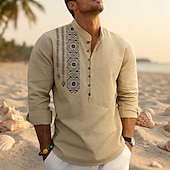 cheap Vacation-Men's Shirt Linen Shirt Popover Shirt Summer Shirt Beach Shirt Geometric Casual Vacation Black White Pink Navy Blue Long Sleeve Stand Collar Summer Spring Clothing Apparel Buttons