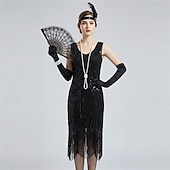 tanie stroje-Zabytkowe Ryczące 20s 1920 roku Do kolan Sukienka w stylu lat 20-tych Rękawiczki Nakrycie głowy Bez rękawów Wielki Gatsby Czarleston Cekiny Frędzel Strój na bal maskowy Damskie Halloween Karnawał