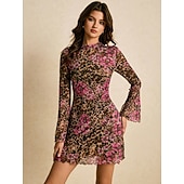 cheap Chiffon Dresses-Women's Mini Dress Boho Dress Chiffon Vintage Outdoor Party Regular Fit Floral Long Sleeve Crew Neck flower Pink Spring Fall Autumn