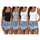 abordables Tanque Sencillo-Paquetes múltiples 4 piezas Mujer Cuadrado Sin Mangas gris+negro+2blanco Camiseta sin mangas Camisa sin mangas Camiseta superior Falda Color sólido Casual Diario Poliéster Verano