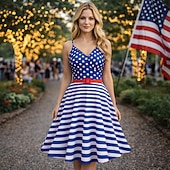  250º Aniversário EUA Meio-dia Vestidos Sem Mangas Nadador Bandeira dos EUA Decote V Fantasia Mulheres 250º Aniversário EUA 4 de julho Festa Adulto Vestido Verão