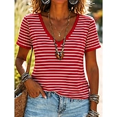 cheap Floral tee-Women's T Shirt Print Striped Floral Graphic Striped Stylish Classic Casual Short Sleeve V Neck Regular Tops Casual Daily Red Green Summer Spring
