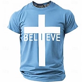  Believe Christian Cross Men's Minimalist Religious Spiritual T Shirt Graphic Crew Neck Short Sleeve Church Worship Gift for Believers Designer Clothing Apparel