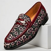 billiga Premium läder Loafers-Herrloafers i vinröda blommiga jacquardmönster med slip-on-detaljer, eleganta statement-skor för bröllopsgäster, banketter, fester, mottagningar och kvällsevenemang