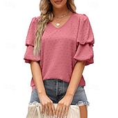 baratos Chiffon Tops-Mulheres Camisa Social Blusa Tops de chiffon Tecido à moda Básico Clássico Manga Curta Manga Princesa Decote V Tops regulares Casual Diário Feriado Azul Preto Branco Vinho Verde Escuro Verão Primavera