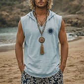 abordables Translation-Sweat à capuche sans manches pour homme, style bohème vintage tribal, imprimé soleil céleste, ourlet brut effiloché, coupe ample, col en V, idéal pour la plage, les vacances et les festivals.