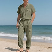 cheap Cotton Linen Shirt-Men's Linen Shirt 2 Piece Shirt Set And Cargo Pants Linen Pants Trousers Set Plain Casual Daily Outdoor Turndown Short Sleeves Summer Fashion Casual Comfortable Clothing Apparel