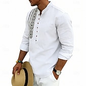 cheap Vacation-Men's Shirt Linen Shirt Popover Shirt Summer Shirt Beach Shirt Geometric Casual Vacation Black White Pink Navy Blue Long Sleeve Stand Collar Summer Spring Clothing Apparel Buttons