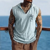 abordables T-shirts tropicaux de vacances-Chaleco con capucha sin mangas para hombre, estilo bohemio tropical costero, con estampado de palmeras, de algodón y lino, con dobladillo deshilachado, corte holgado, ideal para la playa, vacaciones