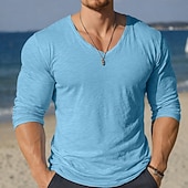 ieftine tricouri de bază-Bărbați Tricou din in Manșon Lung În V Primavara vara Vară Primăvară Culoare solidă Simplu Epocă Boem Casual Transparent Casual Vacanță Stradă Albastru Lac Negru Alb Top tricou pentru bărbați