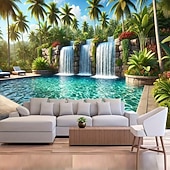ieftine Tapiserie Pereți-Paradis tropical, cascadă, piscină, palmieri, peisaj natural, tapiserie de perete, fundal textil mare, pentru living, dormitor, cămin, birou, decor de perete, artă murală