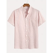 abordables Clásico-Hombre Camisa Camisa de lino Camisa de verano Camisa de playa Tiras verticales Casual Diario Azul Piscina Rosa Manga Corta Collar mandarín Verano Primavera Ropa