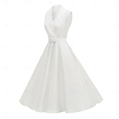 preiswerte Kleider-1950er Retro Vintage Rockabilly Midlänge Kleid Swing-Kleid Ausgestelltes Kleid Kurze Ärmel Einfarbig Tupfen Tailliert und ausgestellt Schaukel V Ausschnitt Kostüm Damen Lässig Party Alltagskleidung