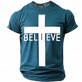  Believe Christian Cross Men's Minimalist Religious Spiritual T Shirt Graphic Crew Neck Short Sleeve Church Worship Gift for Believers Designer Clothing Apparel