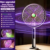 abordables Contrôle des Insectes Intérieur-Tapette à mouches électrique 2 en 1 &amp;Raquette anti-insectes, tueur de moustiques automatique avec laser de chasse &amp;Lampe UV, poignée extensible, tête pliable à 90° pour fixation murale, rechargeable