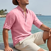 economico Vacanza-Per uomo Camicia di lino Camicia popover Camicia casual Camicia da Spiaggia Camicia con colletto alla coreana Semplice Casuale Spiaggia Nero Bianco Rosa Blu Manica Lunga Collo alla coreana Primavera