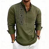 cheap Vacation-Men's Shirt Linen Shirt Popover Shirt Summer Shirt Beach Shirt Geometric Casual Vacation Black White Pink Navy Blue Long Sleeve Stand Collar Summer Spring Clothing Apparel Buttons