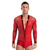 cheap Tops &amp; Sets-Men's Red Rhinestone Latin Dance Bodysuit Deep V Mesh Long Sleeve Ballroom Performance Costume