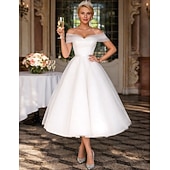 baratos Vestidos brancos pequenos-De Baile Longuette Vestidos de noiva Vestidos para Chá de Panela Vestido de Noiva Vestidos Brancos Justos Alças Ombro a Ombro Graduação Aniversário Renda Tule com Pregas Apliques