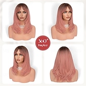 baratos Perucas Sintéticas sem Touca-Peruca longa, lisa e em camadas, rosa, com franja, 40 cm (16 polegadas), com raízes escuras, aparência natural, cabelo sintético macio e resistente ao calor, comprimento médio, ideal para uso diário e