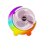 cheap Настольные вентиляторы-Moon Shaped Desk Fan with Rainbow RGB LED Light, 3-Speed Quiet Personal USB Table Fan for Office Bedroom Nightstand, Rechargeable Battery Operated Small Fan for Kids Dorm, Colorful Cooling Gift
