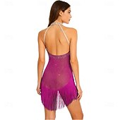 cheap Competition Dress-Women's Magenta Latin Dance Dress - Halter Neck Sparkly Rhinestone Fringe Dress for Ballroom, Salsa &amp; Performance