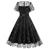 cheap Dresses-1950s Retro Vintage Midi Dress Swing Dress Flare Dress Short Sleeves Embroidered Leaf Fit &amp; Flare Swing Round Neck Fancy Dress Women's Casual Evening Party Tea Party Adults' Dress Spring &amp; Summer