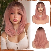baratos Perucas Sintéticas sem Touca-Peruca longa, lisa e em camadas, rosa, com franja, 40 cm (16 polegadas), com raízes escuras, aparência natural, cabelo sintético macio e resistente ao calor, comprimento médio, ideal para uso diário e