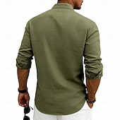 baratos Clássico-Homens Camisa Social Camisa de linho camisa de verão camisa de praia Tecido Casual Férias Preto Branco Rosa Azul Marinha Manga Longa Faixa Verão Primavera Roupa Bolsos