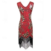 voordelige Outfits-Roaring jaren '20 Jaren 1920 Retro vintage Tot de knie Flapper jurk Handschoenen Ketting Mouwloos The Great Gatsby Charleston Pailletten V-hals Kostuum Dames Halloween Carnaval Feesten &amp; Uitgaan