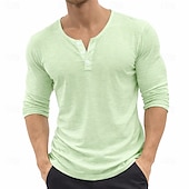 halpa Rento Henley T-paita-Miesten T-paidat Pellava T-paita Pitkähihainen Yhtenäinen väri Tavallinen Solid Color Loma Vapaa-aika Napit Perus Henley Kausaliteetti Päivittäin ulko- Kevät kesä Kesä Kevät Sininen Musta