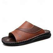 baratos Sandálias e Chinelos para Homem-Sandálias masculinas bicolor pretas e brancas, modelo slide, com bico aberto, costuradas à mão, confortáveis e casuais para o verão, ideais para uso diário, férias, em casa e momentos de lazer ao ar livre.