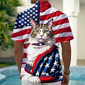  Per uomo Gatto Bandiera degli Stati Uniti 250° anniversario degli Stati Uniti Camicia Camicia Estiva Camicia con Bottoni Manica Corta Patriotico All'aperto Ferie Estate Primavera Collo ripiegato