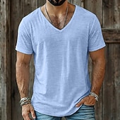 baratos Camisetas de Algodão e Linho-Homens T-shirt Camiseta de linho Manga Curta Decote V Verão Tecido Moda Designer Básico Macia Casual Férias Rua Azul Céu Preto Branco Top Tee para Homens