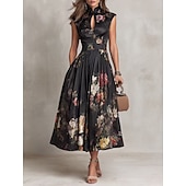 economico Abiti eleganti floreali-Per donna Abito Midi Abito in Raso Elegante Quotidiano Vacanza Weekend Vestibilità regolare Floreale Senza Maniche Colletto a Camicia Nero Estate