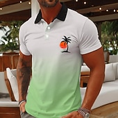 abordables Men's Hawaiian Polo-Men's Palm Tree Hawaiian Polo Shirts Short Sleeve Polo Shirts Collared Shirts Casual Resort Athleisure Vacation Wear 3D Print Buttons Breathable Mesh Spring &amp; Summer Blue Pink Green
