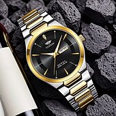 levne Quartz hodinky-Pánské luxusní hodinky s dvoubarevným zlatým a stříbrným náramkem z nerezové oceli, černý ciferník, datum a datum, vodotěsné quartzové náramkové hodinky, módní business hodinky, dárek pro muže k