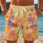 abordables Plantas y Flores Tropicales-Hombre Árbol de coco Flores tropicales Velero Boxers de Natación Trajes de baño, bañadores cortos Pantalones de Surf Media cintura Hawaiano vacaciones en la playa Bolsillos laterales Forro de malla