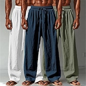 billige Klassisk-Herre Linbukser Bukser Sommerbukser Posete bukser Strandbukser Snorer Elastisk midje Rett ben عادي Komfort Pustende Full lengde Avslappet Daglig utendørs Ferie Mote Hvit + Svart + Grå Svart+blå+grønn