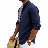 cheap Vacation-Men's Shirt Linen Shirt Popover Shirt Summer Shirt Beach Shirt Geometric Casual Vacation Black White Pink Navy Blue Long Sleeve Stand Collar Summer Spring Clothing Apparel Buttons