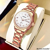 baratos Relógios Quartz-Relógio feminino de luxo, com bisel de diamantes, em aço inoxidável dourado e rosé, elegante e moderno, com janela de dia e data, joia à prova d'água para presentear sua mãe ou esposa.