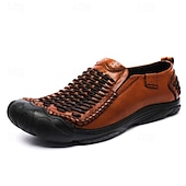 tanie Skórzane mokasyny premium-Męskie, skórzane, brązowe, oddychające, plecione, najwyższej jakości, skórzane, casualowe buty typu loafers na wakacje na plaży, zajęcia na świeżym powietrzu i podróże