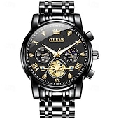abordables Relojes de Cuarzo-Reloj automático de lujo para hombre Olevs, reloj mecánico esqueletizado con fase lunar, resistente al agua, luminoso, de acero inoxidable bicolor, relojes de vestir elegantes para negocios.