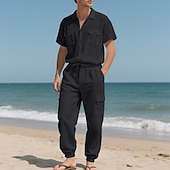 cheap Cotton Linen Shirt-Men's Linen Shirt 2 Piece Shirt Set And Cargo Pants Linen Pants Trousers Set Plain Casual Daily Outdoor Turndown Short Sleeves Summer Fashion Casual Comfortable Clothing Apparel